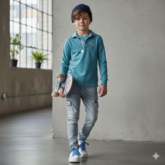 Mini Boden Polo Shirt Boys Size 7/8 Blue Long Sleeve Embroidered Logo - Picture 7 of 7